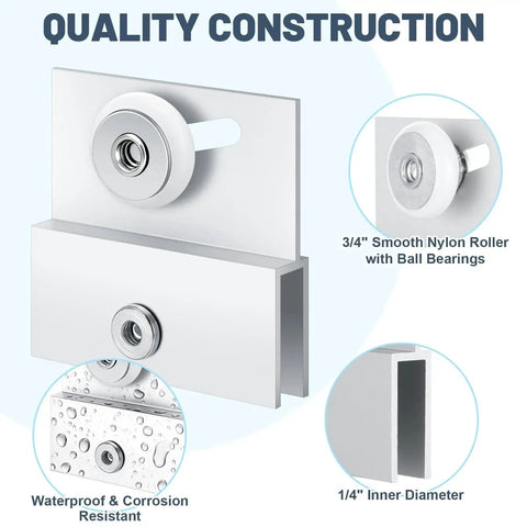 Four Pcs M 6054 Frameless Shower Door Rollers with Adjustable Top Bracket, 3/4 Inch Wheel, Aluminum Ball Bearing.