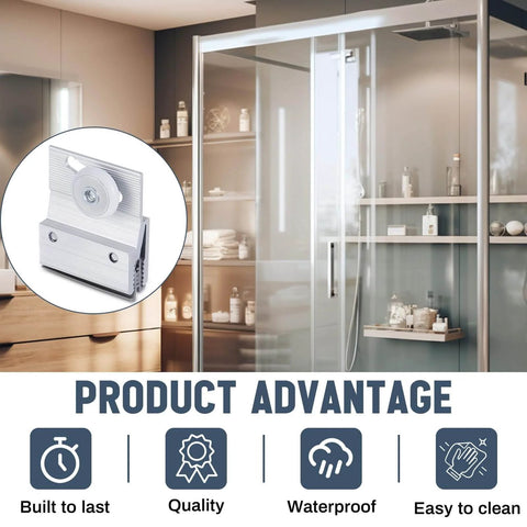 4 Pcs M 6145 Frameless Shower Door Roller Top Bracket Assembly with 3/4 in wheel, shown in elegant bathroom setting.