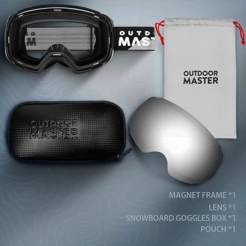 Frameless Ski Goggles With Interchangeable Lenses And UV400 Protection shown with case, pouch, and extra lens