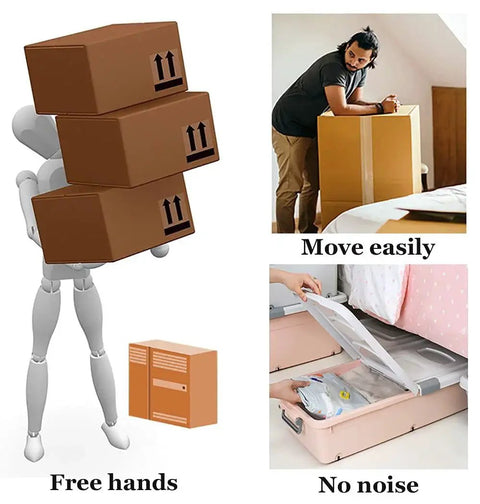 Illustration of a mannequin carrying boxes and people moving furniture with Self-Adhesive Mini Swivel Caster Wheels, 16-Piece Set.