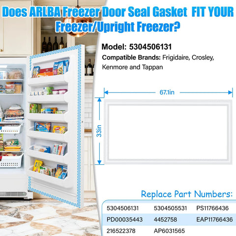 White freezer door gasket, 67.1x33 in, replacement seal for Frigidaire, Crosley, Kenmore upright freezers.