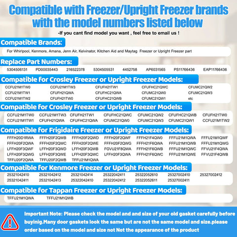 Freezer door gasket, white, 67.1x33 in, compatibility chart for Frigidaire, Kenmore, Crosley upright freezers