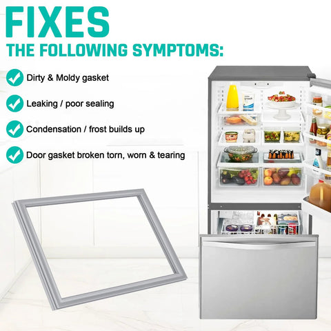 Freezer door gasket frame, gray rubber, shown beside an open stainless steel refrigerator with interior shelves