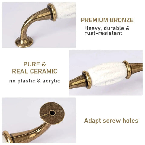 Close-up of French Style White Ceramic Cabinet Handle Set Of 2 With Zinc Alloy Pulls highlighting bronze base and ceramic finish.