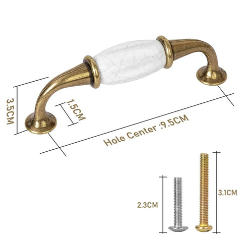 French Style White Ceramic Cabinet Handle Set Of 2 With Zinc Alloy Pulls And Screws for Cupboards Wardrobe Drawers Dresser 3.7 in spacing