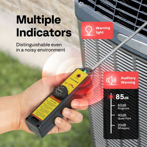VIVOHOME handheld refrigerant leak detector, yellow/black with LED light, near outdoor AC condenser.