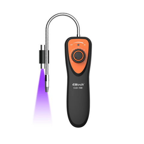 Elitech CLD-100 refrigerant leak detector for automotive HVAC with orange dial and purple-lit probe.