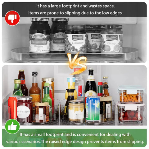 Comparison of large versus small footprint lazy Susans in a fridge, featuring clear 2 Pack Rectangular Lazy Susan Turntables For Refrigerator And Kitchen Storage, 360 Degree Rotating Clear Organizers For Pantry Cabinet Countertop And Tabletop, Measures 13.5 Inches By 8.5 Inches, showing stability and space efficiency.