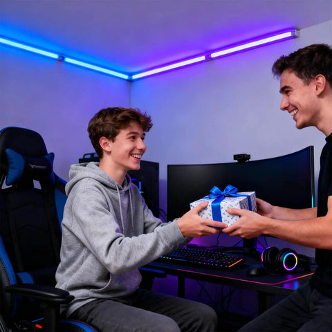 Two people in a gaming setup exchanging a wrapped gift, surrounded by computer screens and gaming peripherals.