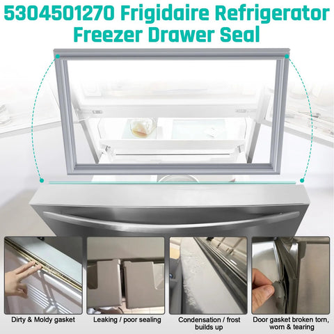 Freezer door gasket for Frigidaire/Electrolux/Kenmore refrigerators, 34.65 x 24.13 in, rubber seal; four thumbnails.