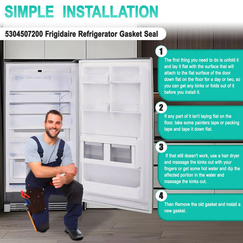 Frigidaire refrigerator gasket seal 5304507200 shown with installer kneeling beside open fridge