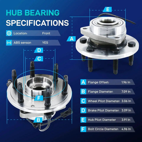 Front 4WD Wheel Bearing And Hub Assembly With ABS For 4x4 Silverado 1500 Tahoe Sierra 1500 Suburban 1500 Avalanche 1500 Express 1500 and Express 2500 Savana 1500 Cadillac Escalade ESV EXT GMC 3 Bolt Flange 6 Lug 515036 with diagram.