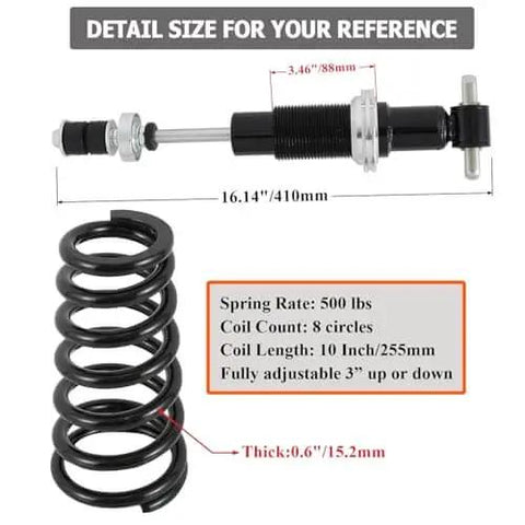 Adjustable front coilover shocks with 500 lb springs deliver improved handling and ride comfort for classic builds, details shown