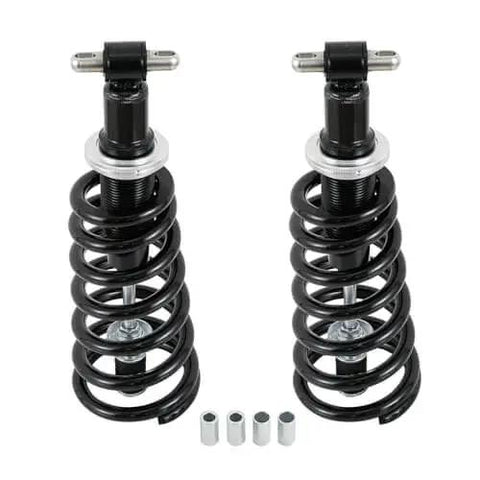 Adjustable front coilover shocks with 500 lb springs deliver improved handling and ride comfort for classic A-Body 73-77 and G-Body 82-88 builds, built from hardened steel for lasting durability and performance, front view of shock absorbers.