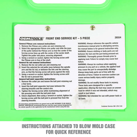 Instruction label on 26554 Front End Service Kit case for Pitman Arm Puller & Ball Joint Separator.