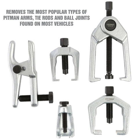 26554 Front End Service Kit showing Pitman Arm Puller, Ball Joint Separator, and Tie Rod Removal Tool for suspension maintenance