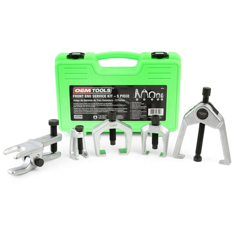 Front view of 26554 Front End Service Kit including Pitman Arm Puller, Ball Joint Separator, Tie Rod Removal Tool with green case.