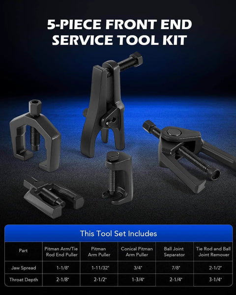 5-in-1 Ball Joint Separator, Pitman Arm Puller, Tie Rod End Tool Set for Front End Service, Splitter Removal Kit displayed