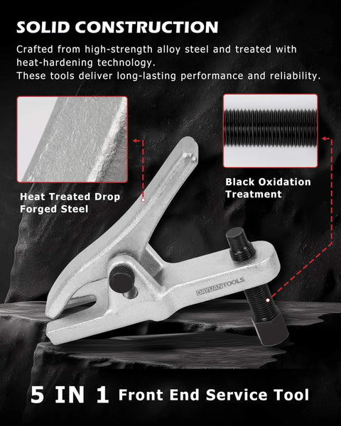 5pcs Professional Front End Service Tool Kit showing a Pitman Arm Puller with alloy steel and black oxidation treatment.