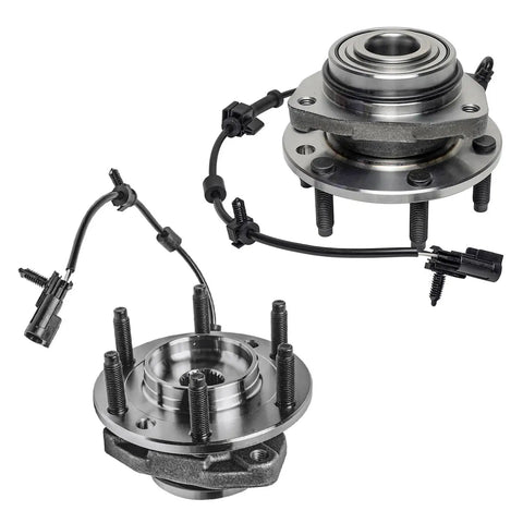 Front Wheel Hub Bearings Assembly With CV Axle Nuts For Chevy Trailblazer SSR GMC Envoy Buick Rainier Isuzu Ascender Saab 9 7x Bravada Trailblazer EXT 6 Lug Models With ABS Replacement Wheel Hub Unit, showing two 6-lug hubs with ABS wiring.