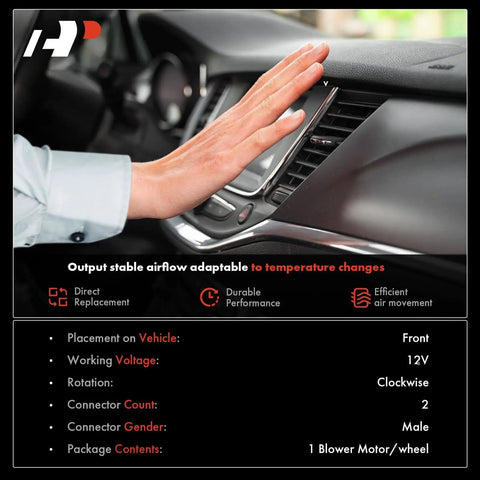 Person adjusting car vent alongside specs for Front HVAC Blower Motor Replacement For Jeep Grand Cherokee 2011 To 2021 Durango 2011 To 2021 Dodge Grand Caravan 2008 To 2020 And Chrysler Town And Country 2008 To 2016 APremium