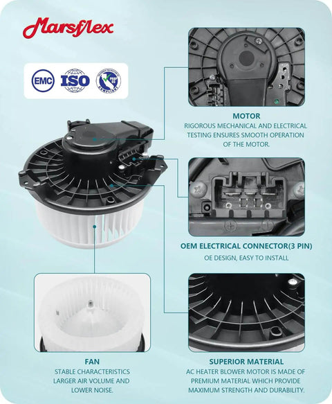 Diagram of Front HVAC Blower Motor Replacement For Toyota And Lexus By Marsflex with parts labeled: motor, fan, connector