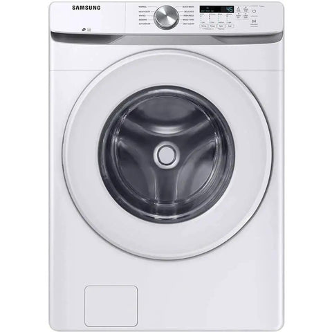 Efficient front load washer and electric dryer bundle delivers quiet performance, 4.5 cu ft washer with VRT Plus, white finish, front view.