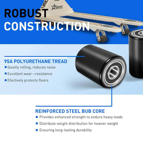 Front Load Wheel Replacement Kit For Crown PTH50 Pallet Jack With Axles Bearings And Hardware Includes 2 Black 2.75 X 3.75 Inch Front Load Rollers Entry And Exit Rollers Polyurethane Tread 95A Black 20mm shown with text highlights on robust construction, 95A polyurethane tread, and reinforced steel bushing core.