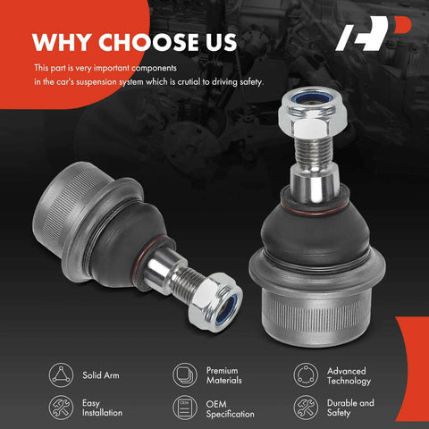 Front Lower Ball Joint Pair For Mercedes Benz E320 E350 E500 E550 S350 S430 S500 S600 SL500 SL550 SL600 CL500 CL600 CLS500 CLS550 AMG E55 E63 S55 S65 SL55 CL55 Direct Fit Premium Replacement For Smooth Steering And Precise Alignment Built Tough, showing two metal ball joints with threaded bolts.