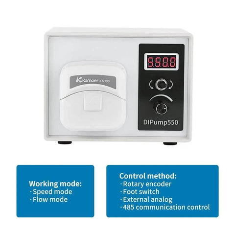 Front view of DIPump-KK300 showing control panel of 4 rotors 0-300ml/min high flow peristaltic pump with 24V stepper motor