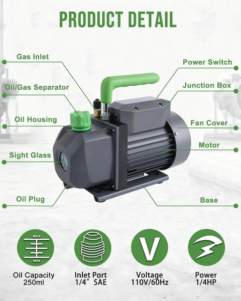 Labeled diagram of Heavy Duty Four Point Five CFM HVAC Vacuum Pump With One Third Horsepower Motor, showing parts and specifications.