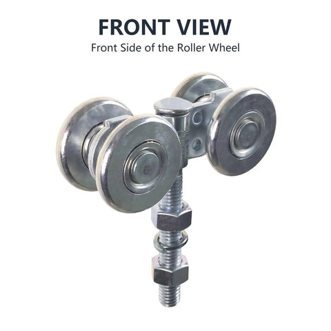 Front view of Two Pack Track Roller Wheels Set For Beam Trolley System With Box Rail Strut Channel For Heavy Barn Or Shed Sliding Doors Includes Two Trolleys With Four Steel Ball Bearing Rollers Solid Steel Construction 440 Pound Load Rating Removable Bolt