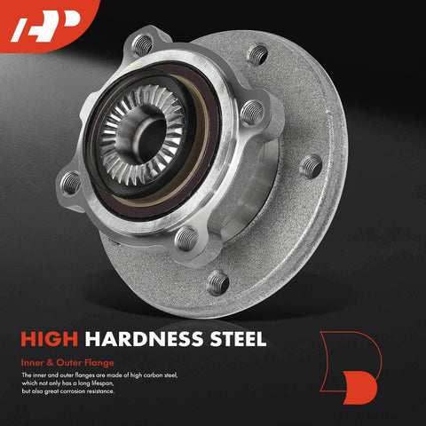 Close-up view of a front wheel bearing and hub assembly for BMW X1 E84 AWD 2012-2015, showcasing heavy duty ball bearings.