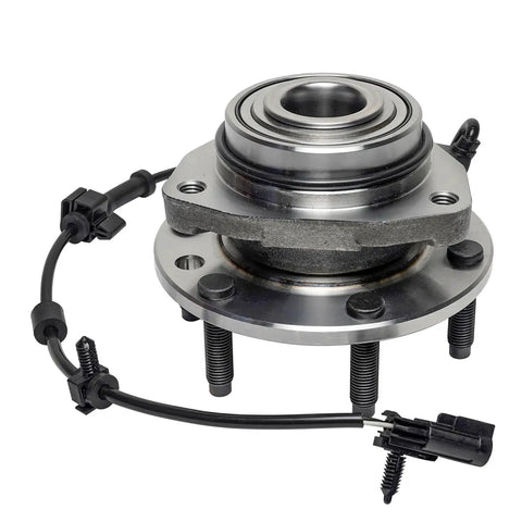 Close-up of Two Front Wheel Bearing Hubs Replacement Kit For 2002-2009 Chevrolet Trailblazer EXT, GMC Envoy, with ABS sensor cable