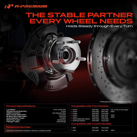 Front Wheel Bearing And Hub Assembly 5 Lug Fit For Ford Fusion MKZ Police Responder Hybrid And SSV Plug In Hybrid 2013 To 2020
