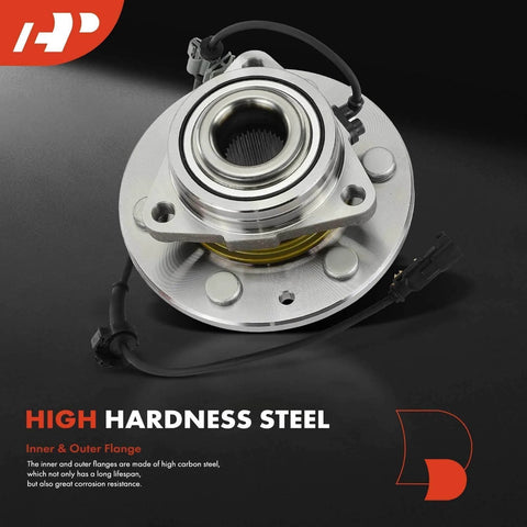 Close-up view of a 2 Pack Front Wheel Bearing and Hub Assembly for 4WD Chevy Silverado Sierra Suburban Yukon Escalade and XTS, featuring high hardness steel and ABS sensor.