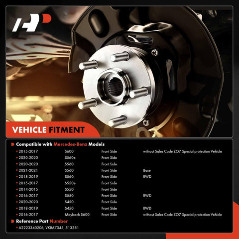 Image of Mercedes-Benz Front Wheel Bearing And Hub Assembly For S450 S550 S550e S560 S560e S600 And Maybach S600 2014 To 2021 Drop In RWD Replacement With Easy Install, Reliable Wheel Hub Fitment For W221 W222 Models, showcasing the front side view.