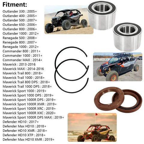 Front Wheel Bearing Kit For Can Am Outlander includes bearings, circlips, seals, and ATV images showcasing various models.