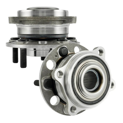 Front Wheel Bearing And Hub Assembly 513409 Fits 2016 2020 Kia Sorento FWD And AWD Front 2015 2018 Hyundai Santa Fe Sport Front 2015 2018 Hyundai Santa Fe Front 2019 Hyundai Santa Fe XL Front, two metal assemblies close-up view