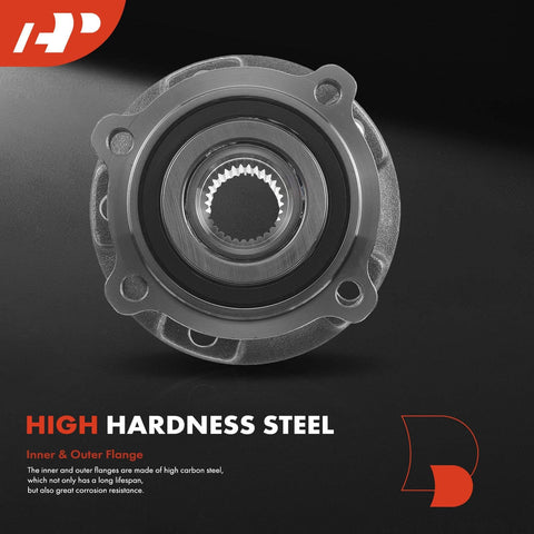 Close-up of two piece front wheel bearing and hub assembly set for BMW X5 2007 to 2018 and X6 2008 to 2018 AWD only drop in replacement with high durability steel.