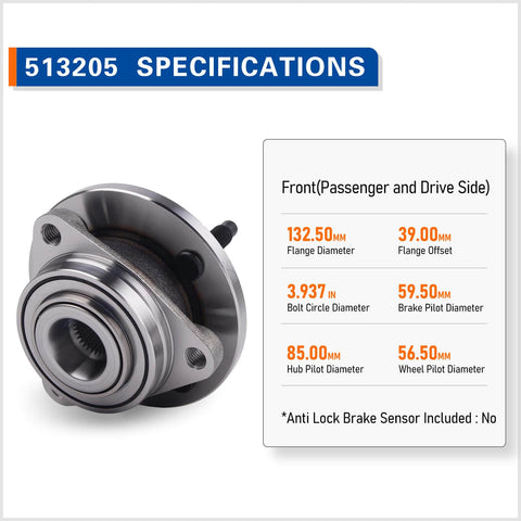 2 Pack Front Wheel Hub Bearing Assembly 513205 For 2005 To 2010 Chevy Cobalt showing hub dimensions and specifications