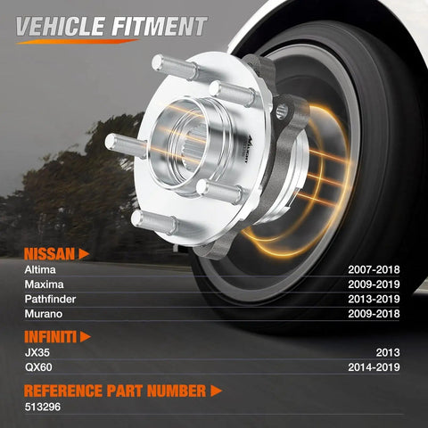 Front Wheel Hub Bearing Assembly Compatible With Nissan Altima Murano Maxima Pathfinder Infiniti QX60 JX35 QX50 32 Tooth Spline OE 513296 Replacement Part For Smooth Steering And Quiet Ride shown installed on vehicle wheel.