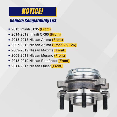 Image showing compatibility list for 513296 Front Wheel Hub and Bearing Assembly 2 Pack for Nissan and Infiniti, 5 Lug Front Position.