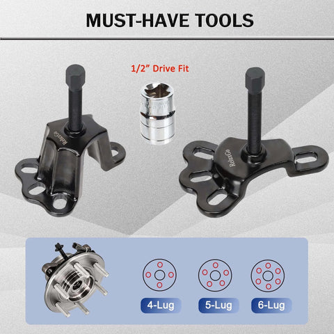 Front Wheel Hub Puller Bearing Removal Tool for 3-3/4 to 4-1/2 Inch IDs, displayed with flange type axle remover and drive fit adapter