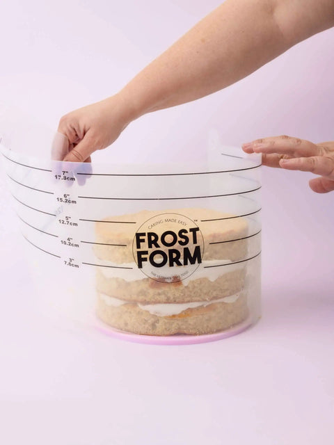 6 Inch Frost Form Starter Kit For Cake Decorating 7 Piece Set with liner shown being used on a cake