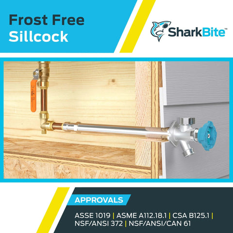 Frost Free Sillcock Outside Faucet With One Half Inch Push To Connect Inlet And Three Quarter Inch Garden Hose Outlet Includes Inlet Shut Off For Winter Drainage Brass Plumbing Fitting For PEX Copper CPVC PE RT HDPE installed on exterior wall.