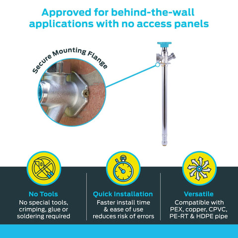 Frost Free Sillcock Outside Faucet With One Half Inch Push To Connect Inlet And Three Quarter Inch Garden Hose Outlet Includes Inlet Shut Off For Winter Drainage Brass Plumbing Fitting For PEX Copper CPVC PE RT HDPE, showing secure mounting flange and installation features.