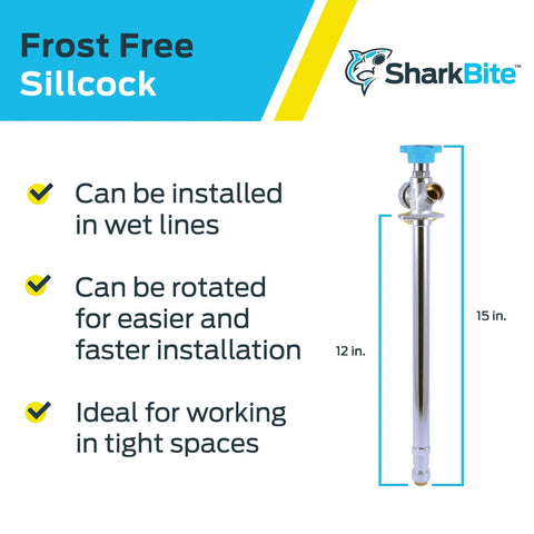 Frost Free Sillcock Outside Faucet With One Half Inch Push To Connect Inlet And Three Quarter Inch Garden Hose Outlet Includes Inlet Shut Off For Winter Drainage Brass Plumbing Fitting For PEX Copper CPVC PE RT HDPE with installation features on display.