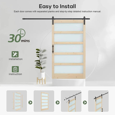 Glass Sliding Barn Door Slab 48 By 84 Inches With Eight Foot Hardware Kit Included Five Panel Frosted Glass Spruce Wood Support