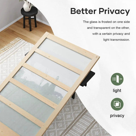Top view of a five-panel frosted glass sliding door with spruce wood frame, showcasing privacy features and durable design.